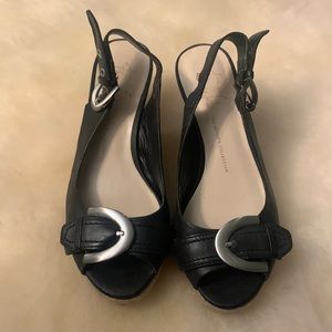Franco Sarto sling back peep toe black wedge heel with buckle